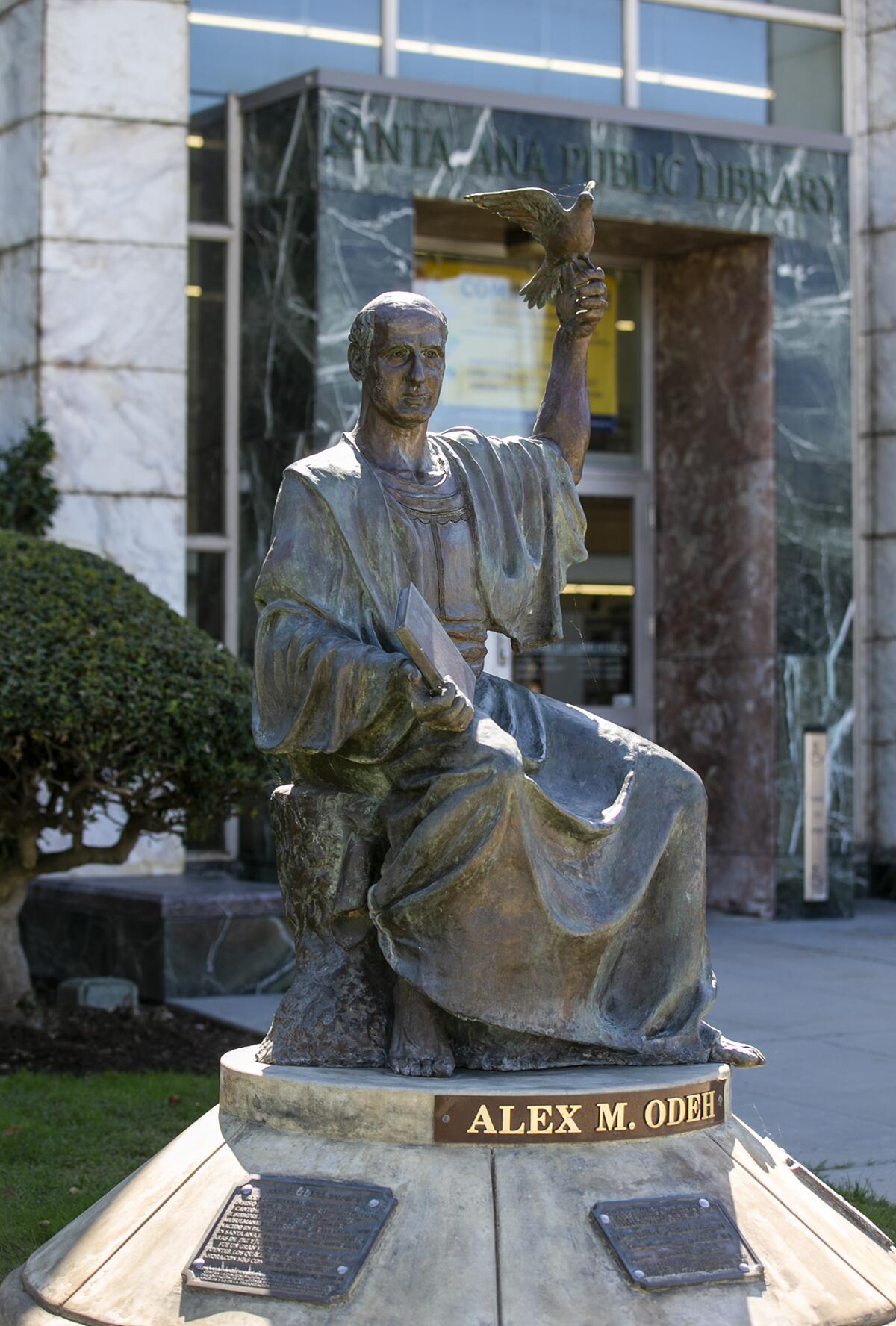 A statue dedicated to Alex Odeh outside the Santa Ana Public Library