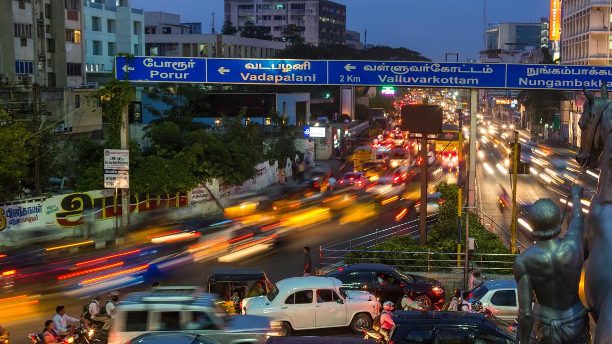 Traffic at dusk, central Chennai, Chennai (Madras), Tamil Nadu, India