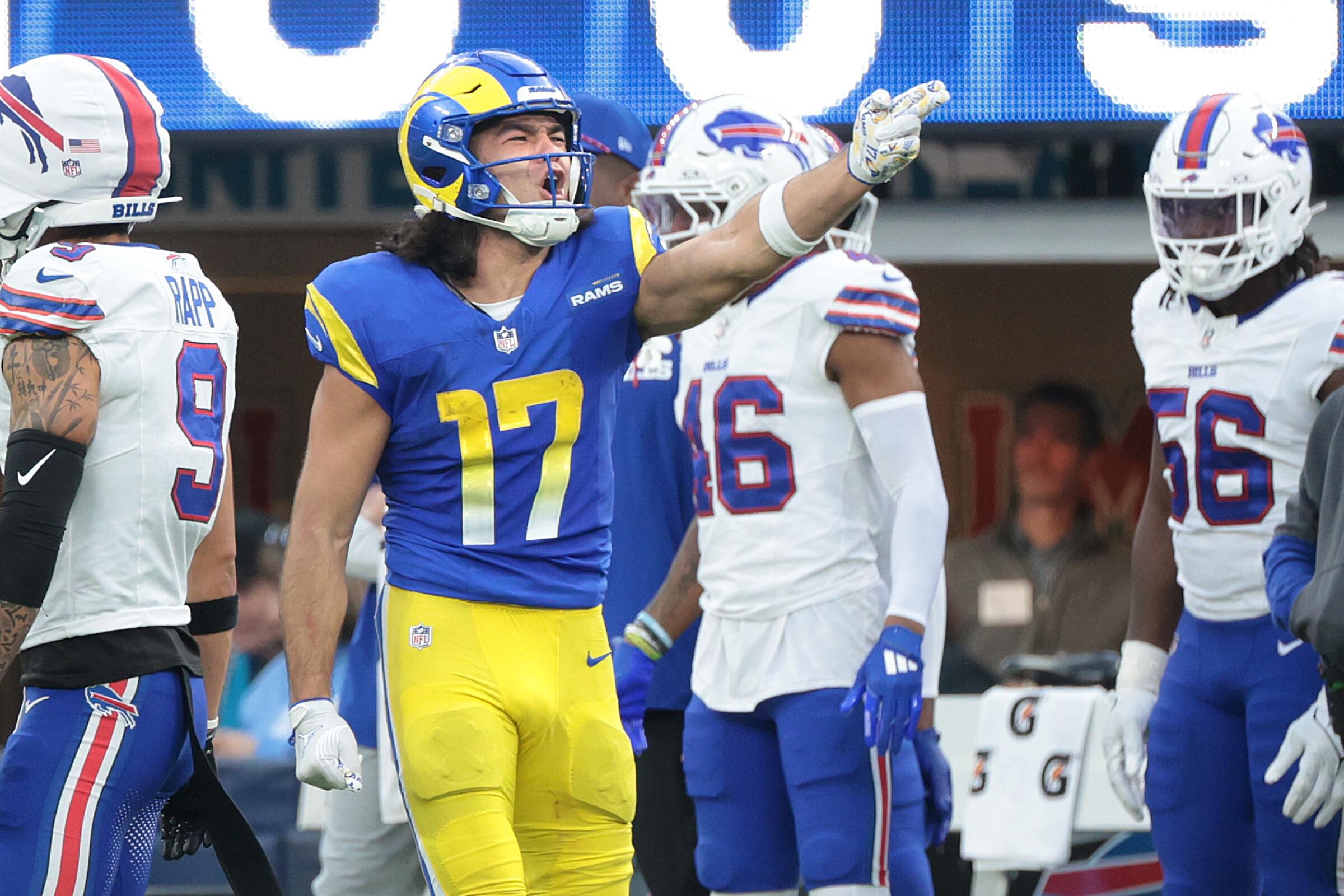 The Rams' Puka Nacua celebrates a first down against the Bills in the second half.