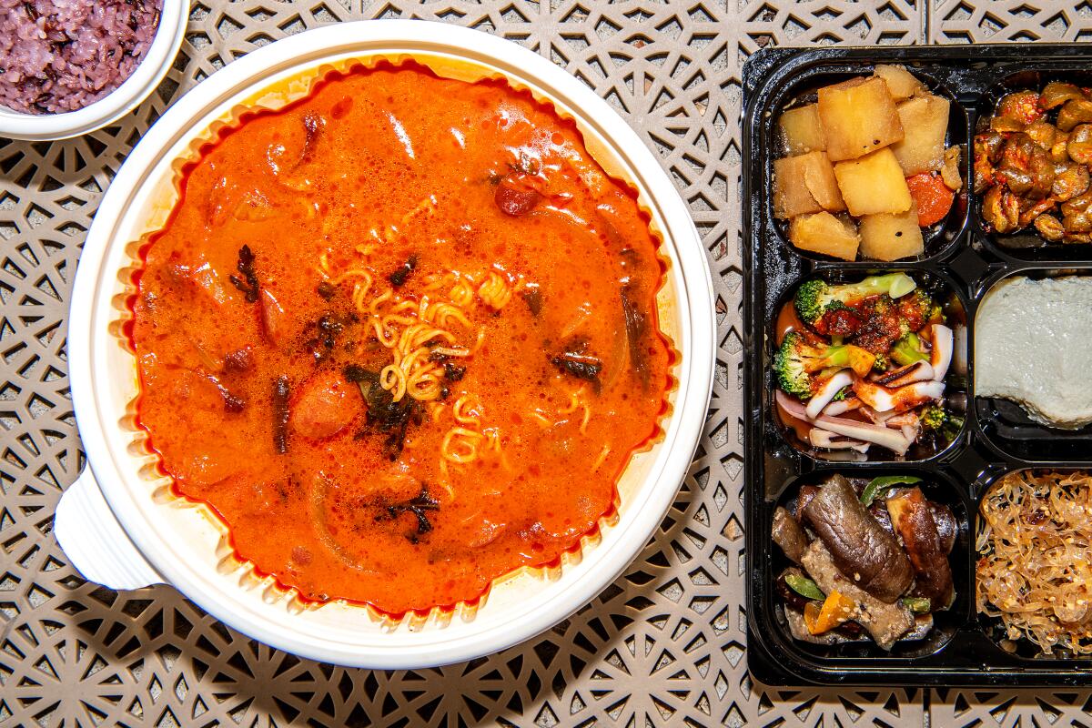 LOS ANGELES, CA - DECEMBER 10: Budae jjigae from Chunju Han-il Kwan in Koreatown on Thursday, Dec. 10, 2020 in Los Angeles, CA. (Mariah Tauger / Los Angeles Times)