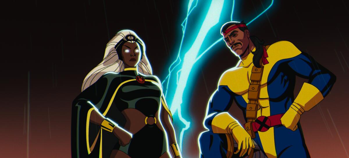 Storm and Forge of the animated "X-Men '97" stand as lightning strikes behind them.