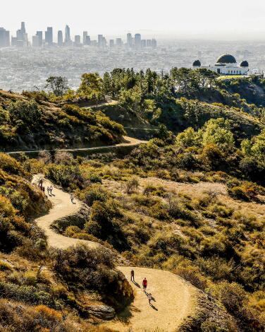 A panoramic view of Los Angeles from Mt. Hollywood includes Griffith Observatory and the downtown skyline