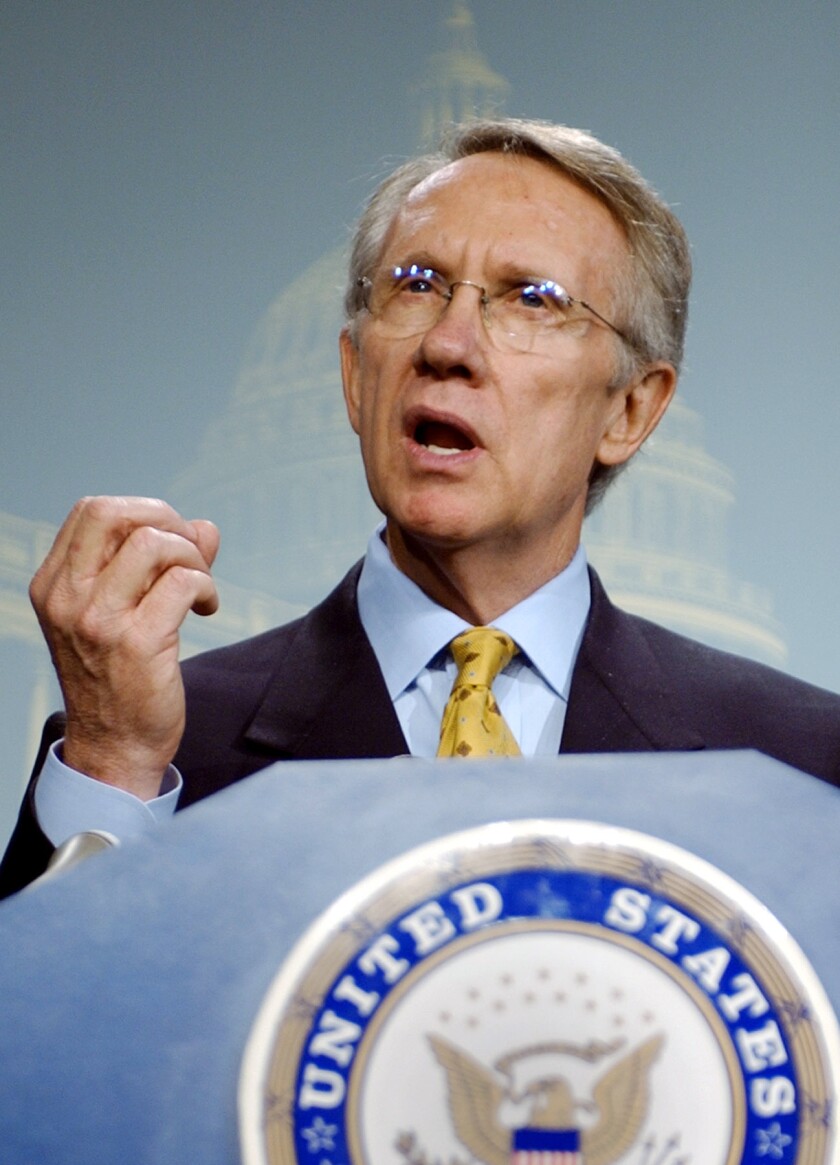 FILE - Sen. Harry Reid, D-Nev., speaks at the Capitol on July 9, 2002. Reid has been buried at a desert cemetery in his hometown of Searchlight, Nev., Thursday, Jan. 13, 2022, following a week of ceremonies in Las Vegas and at the U.S. Capitol honoring his decades shaping state and national policies. (AP Photo/Susan Walsh,File)