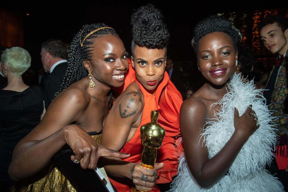 Danai Gurira, Hannah Beachler and Lupita Nyong'o at the Governors Ball following the 91st Oscars.