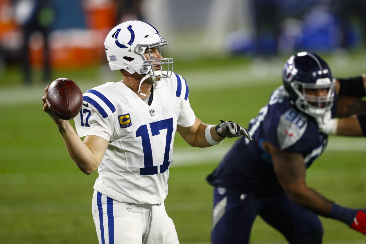 Indianapolis Colts quarterback Philip Rivers passes against the Tennessee Titans.