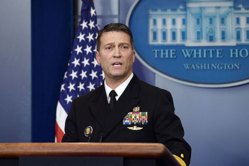 Presidential physician Dr. Ronny Jackson speaks about President Donald Trump's medical exam during the daily White House press briefing on Tuesday, January 16, 2018 in Washington, D.C. Trump has suggested he was nudging aside Jackson, his nominee to head the Veterans Affairs Department, after senators canceled his nomination hearing to investigate allegations of inappropriate behavior. (Olivier Douliery/Abaca Press/TNS) ** OUTS - ELSENT, FPG, TCN - OUTS **