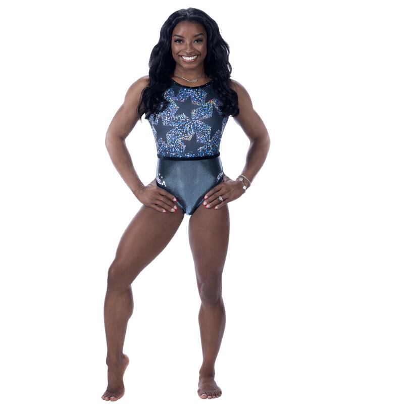 Simone Biles shows off one of the U.S. team's custom uniform options for the upcoming Paris Olympics.