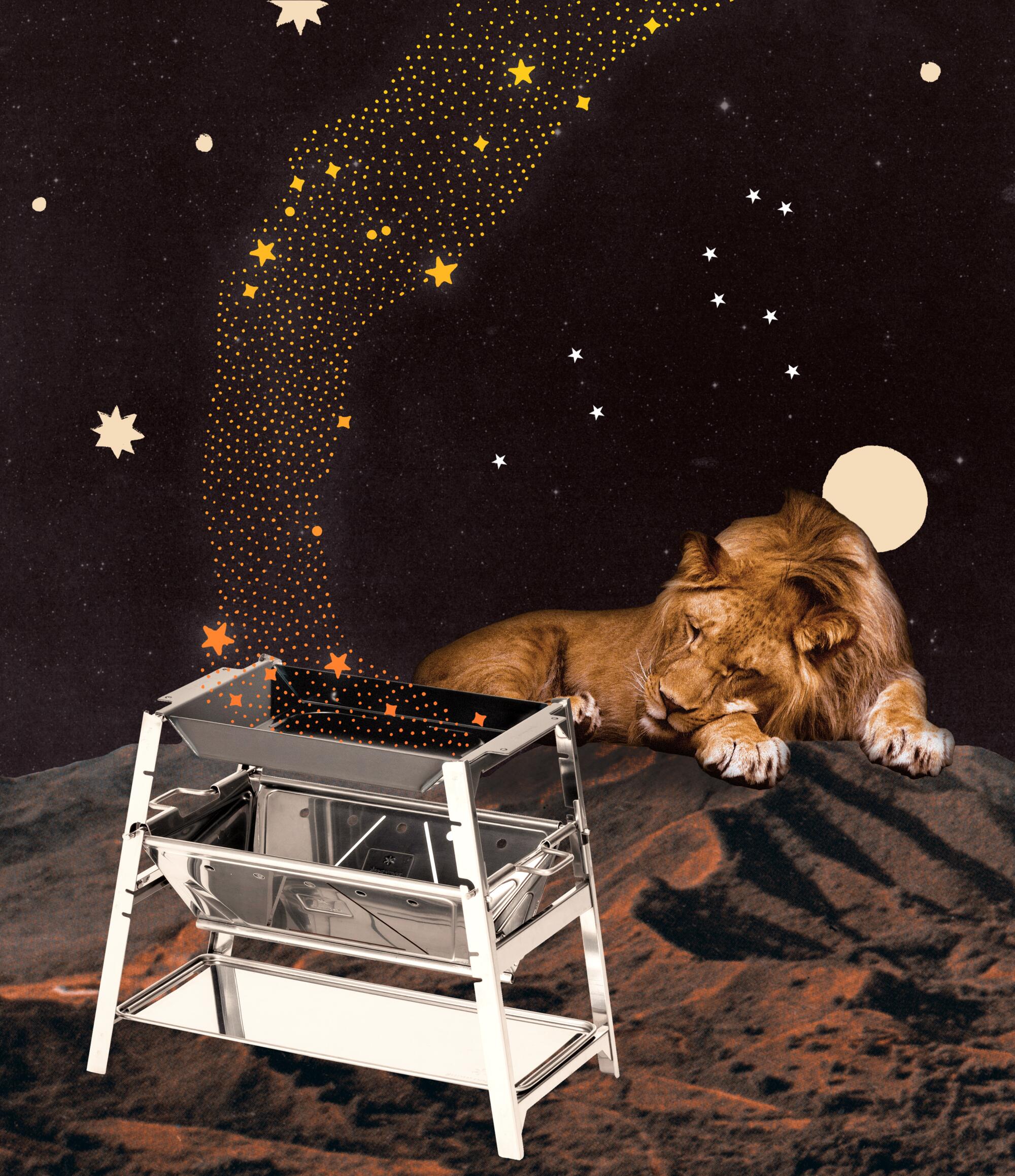 surreal collage of a portable burner with illustrated sparks flying above with a lion lays on a celestial landscape behind it
