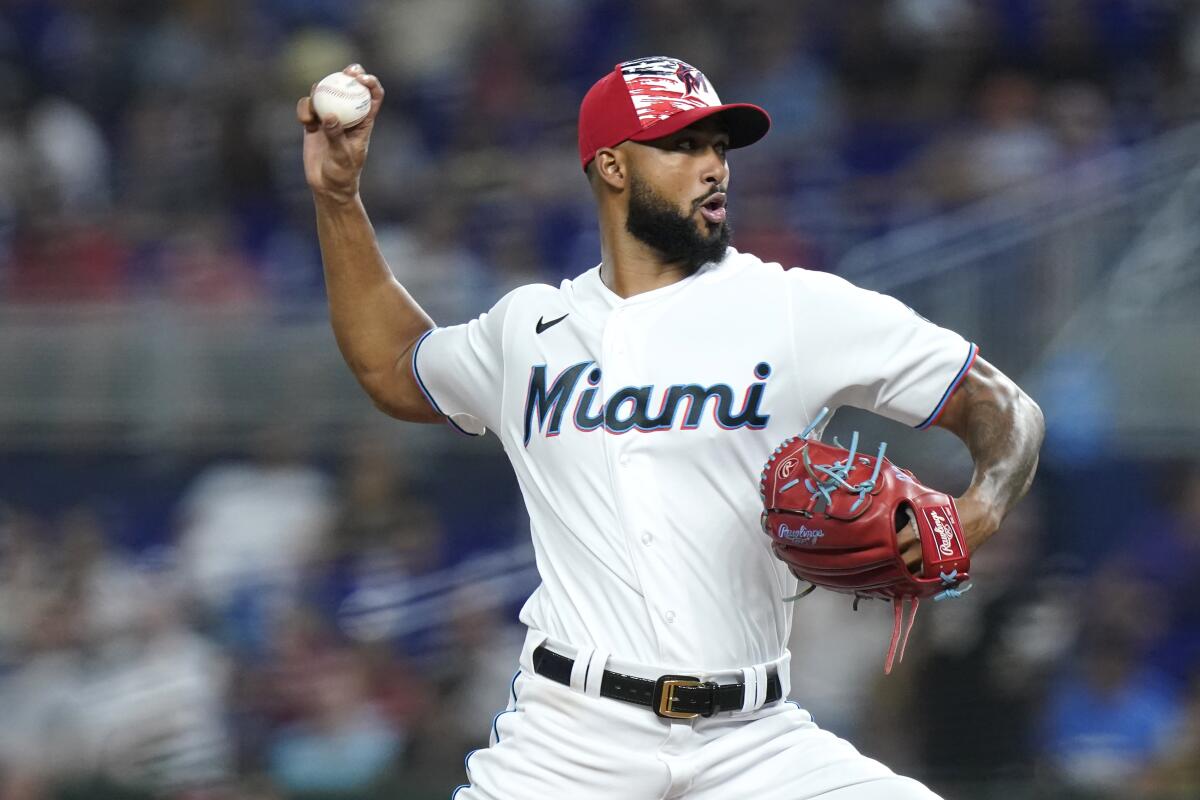Miami Marlins starting pitcher Sandy Alcantara throws during the fifth inning of the team's baseball game against the Los Angeles Angels, Tuesday, July 5, 2022, in Miami. (AP Photo/Lynne Sladky)