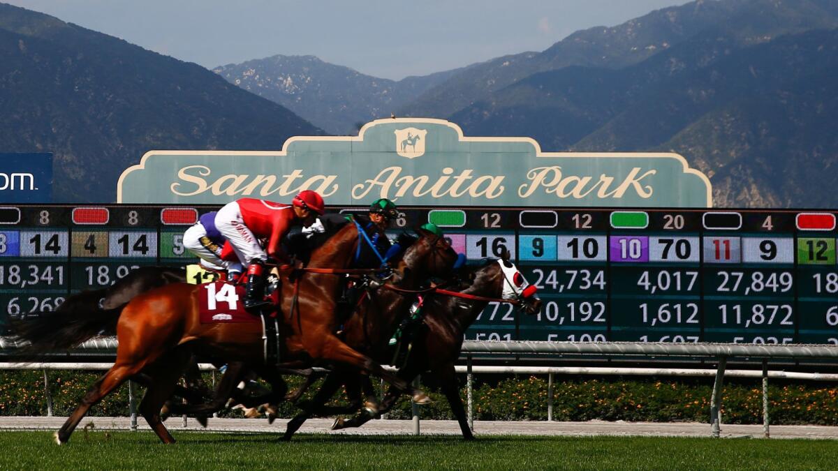 Jockeys and their horses race in the Providencia Stakes (Grade III) at Santa Anita Park.