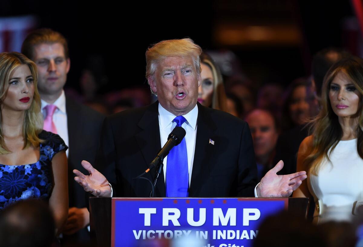 Republican presidential candidate Donald Trump speaks Tuesday in New York following his primary victory in Indiana.