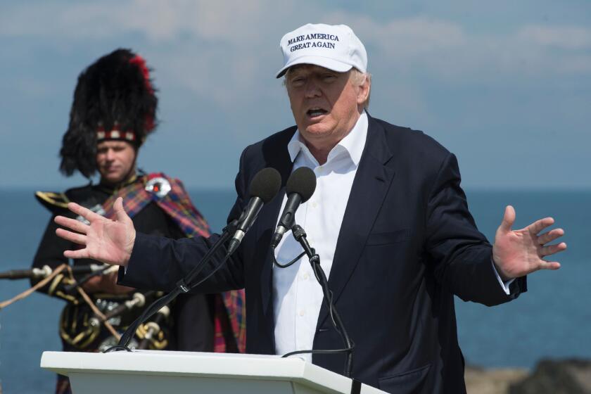 Donald Trump makes a speech at his revamped Trump Turnberry golf resort in Scotland on Friday.