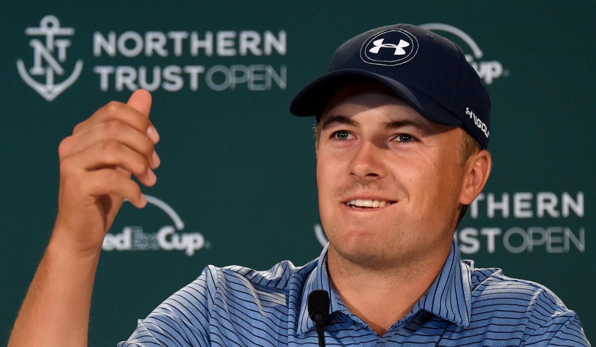 Jordan Spieth responds to questions from the media on Tuesday during a press conference ahead of the start of the 2016 Northern Trust Open.