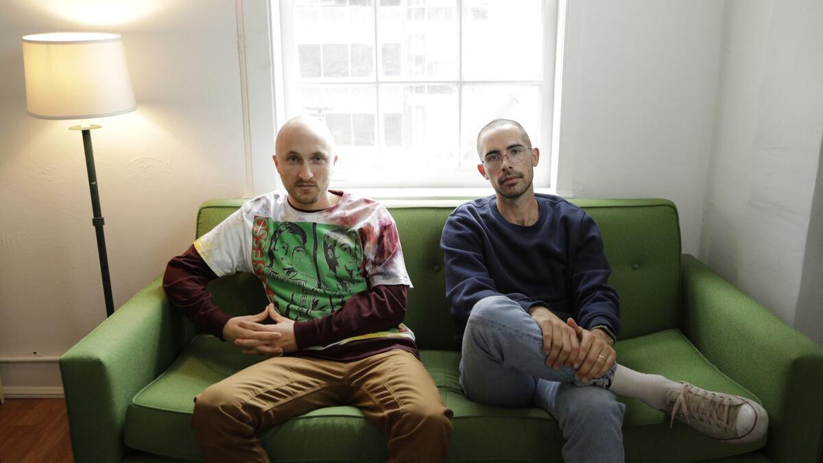 Samuel Griesemer, left, and Jerome Potter, known as DJDS, in their Koreatown studio. The pair released their third studio album, "Big Wave More Fire," on Friday.