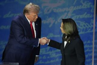 Republican presidential nominee former President Donald Trump and Democratic presidential nominee Vice President Kamala Harris shake hands before the start of an ABC News presidential debate at the National Constitution Center, Tuesday, Sept. 10, 2024, in Philadelphia. (AP Photo/Alex Brandon)