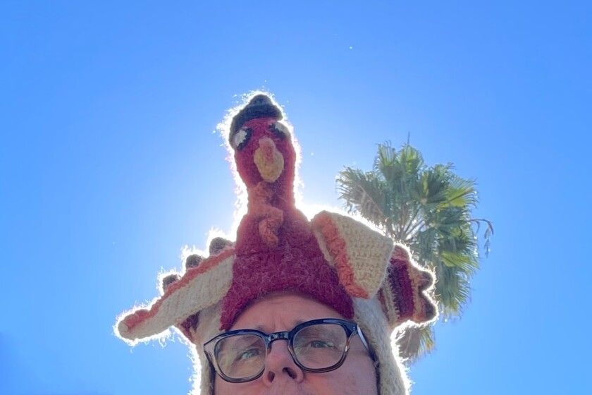 Writer Adam Tschorn wearing a turkey-shaped hat.