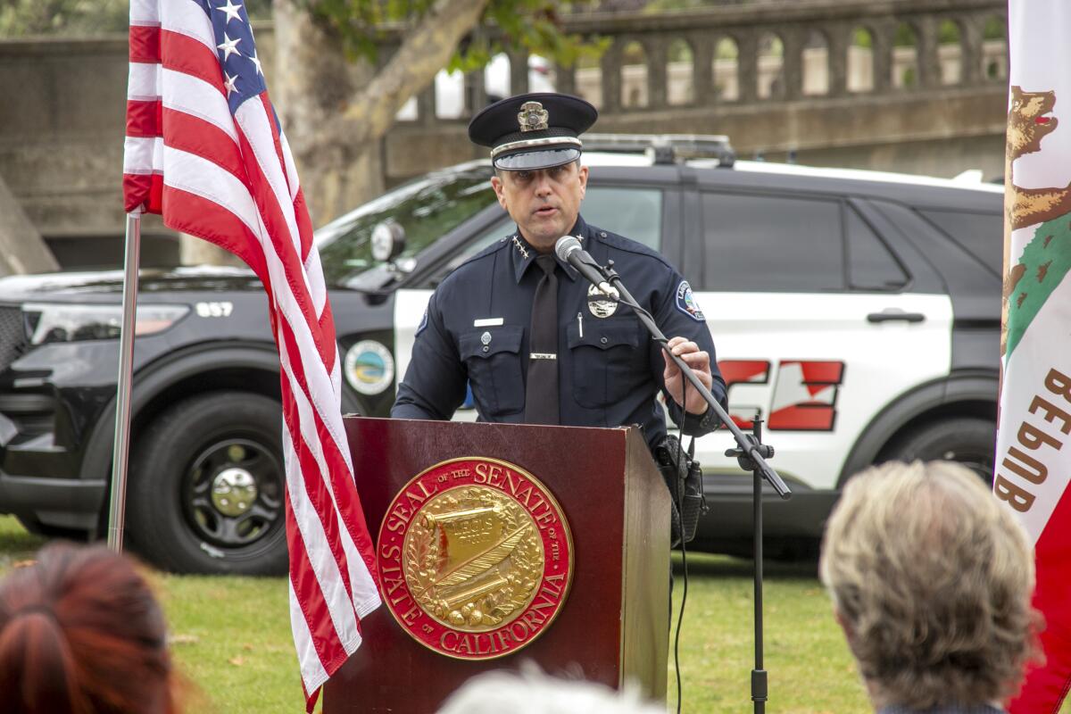 Laguna Beach Police Chief Jeff Calvert at a bridge dedication honoring Officer Jon Coutchie.