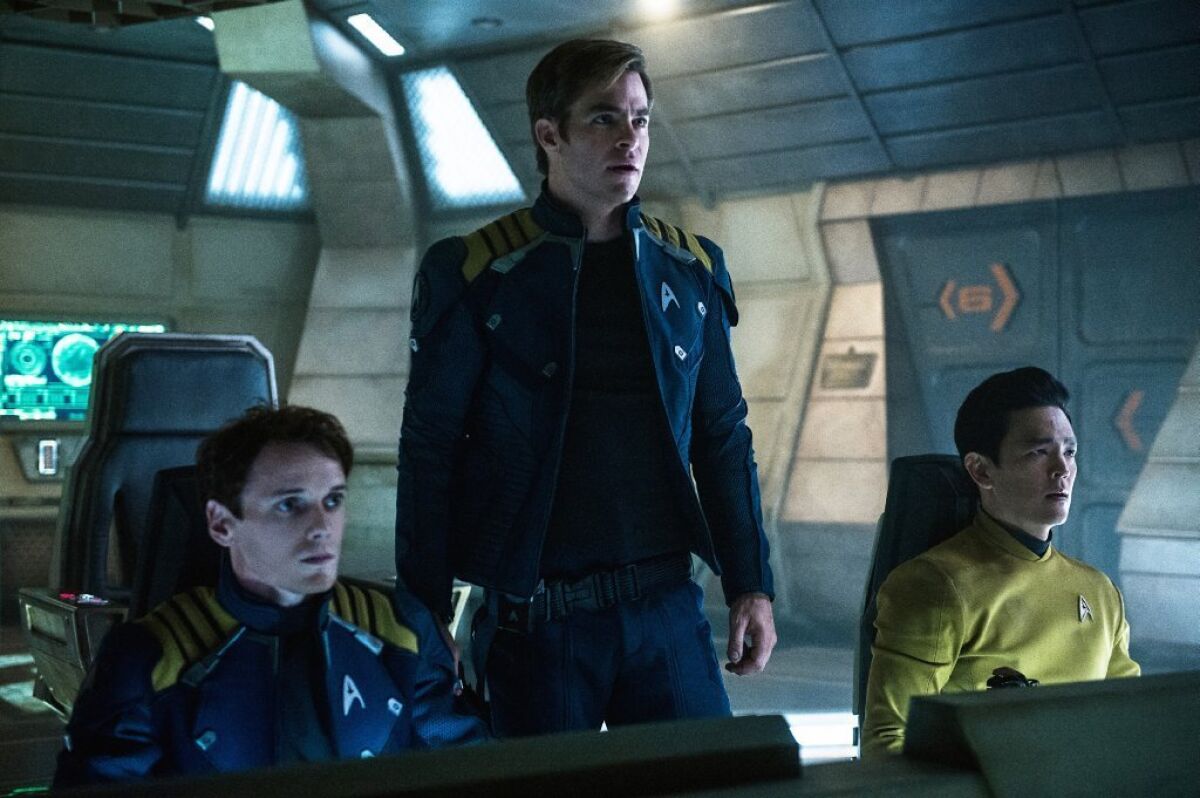 From left, Anton Yelchin, Chris Pine and John Cho appear in a scene from "Star Trek Beyond." ( Kimberley French/Paramount Pictures via AP)