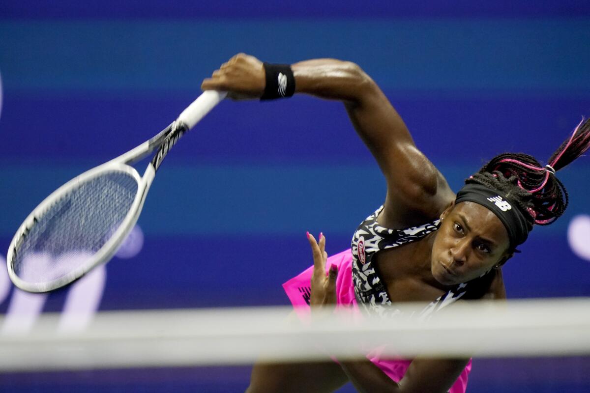 Coco Gauff serves to Sloane Stephens during the second round of the US Open.