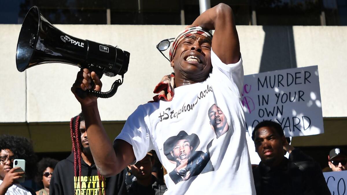 Stevante Clark addresses  protesters after the police shooting of Stephon Clark in Sacramento