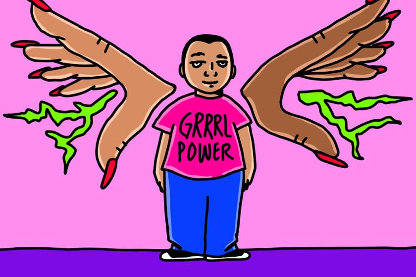 Illustration of a man wearing a shirt that says "GRRRL POWER"