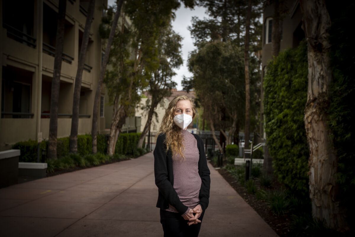 Laurie Stone, a therapist in West Los Angeles, outside her apartment in West Los Angeles