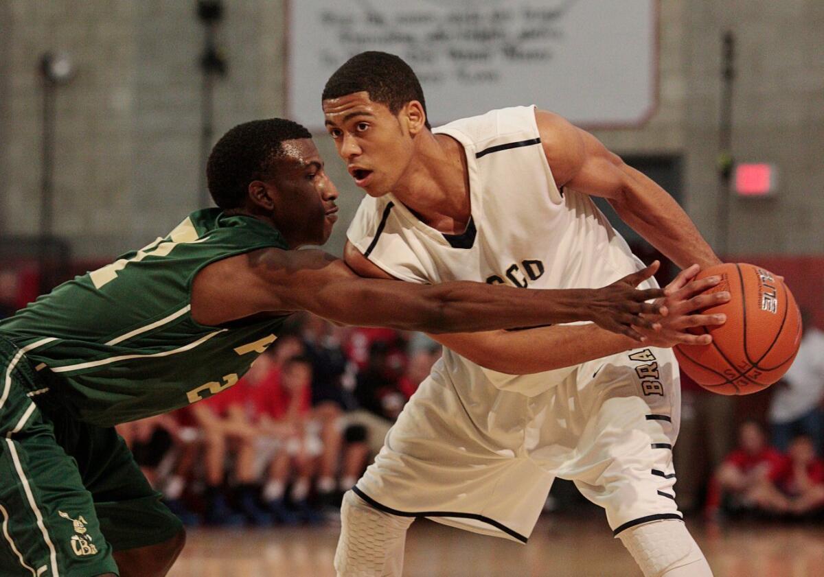 Tyler Dorsey protects the ball from Brandon Staton of Long Beach Poly during a game in 2013.