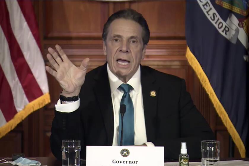 New York Gov. Andrew Cuomo gestures during a news conference on Feb. 19, 2021