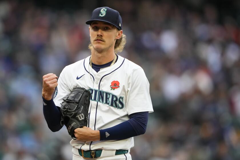 Seattle Mariners starting pitcher Bryce Miller makes a fist after pitching through the second inning of a baseball game against the Houston Astros, Monday, May 27, 2024, in Seattle. (AP Photo/Lindsey Wasson)