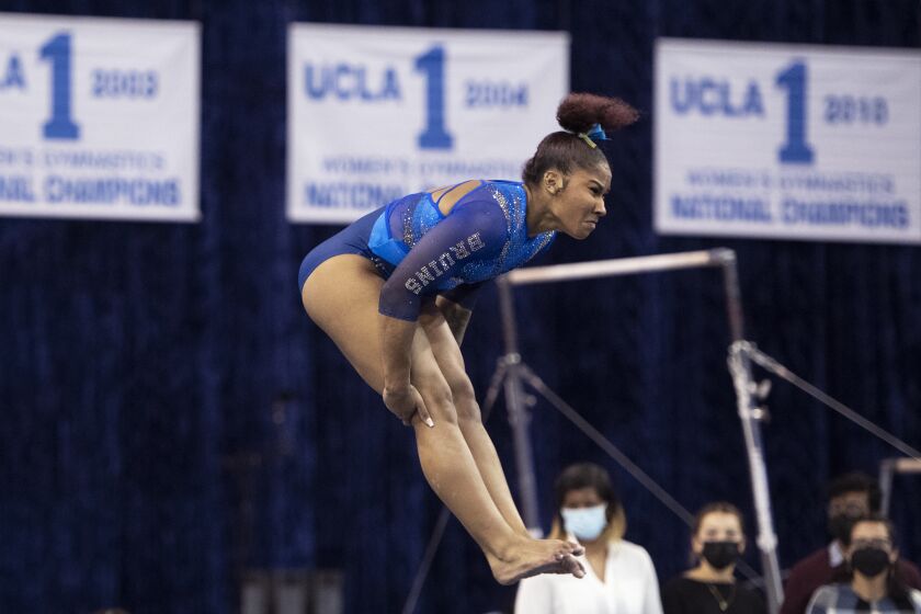 UCLA's Jordan Chiles competes within the flooring exercise at some stage in a meet earlier this season  T&#8217;fina Pkaila With Purple meat  url https 3A 2F 2Fcalifornia times brightspot