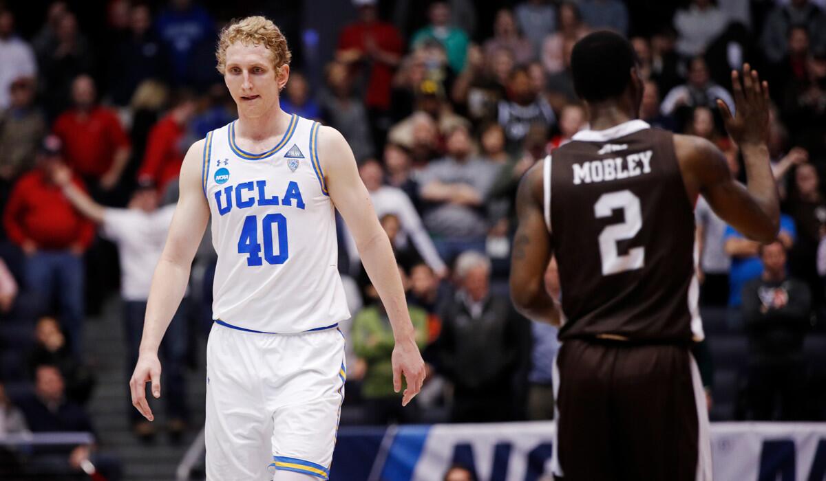 UCLA's Thomas Welsh reacts late in the game against St. Bonaventure Bonnies during the second half in the 2018 NCAA tournament on Tuesday.