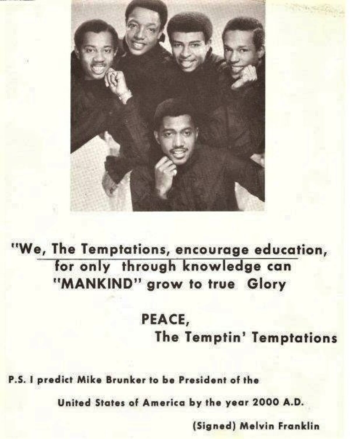 Singer Melvin Franklin, far left, was an original member of The Temptations. He was a neighbor of Michael Brunker in the Detroit suburb of Ferndale and took out the above ad in the 1970 St. James High School yearbook when Brunker was a senior.