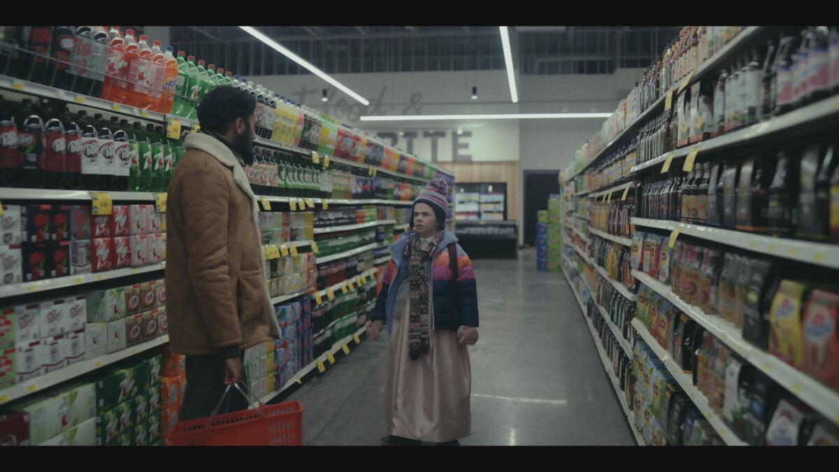 A man and a girl standing in a fully stocked grocery store aisle empty of people.