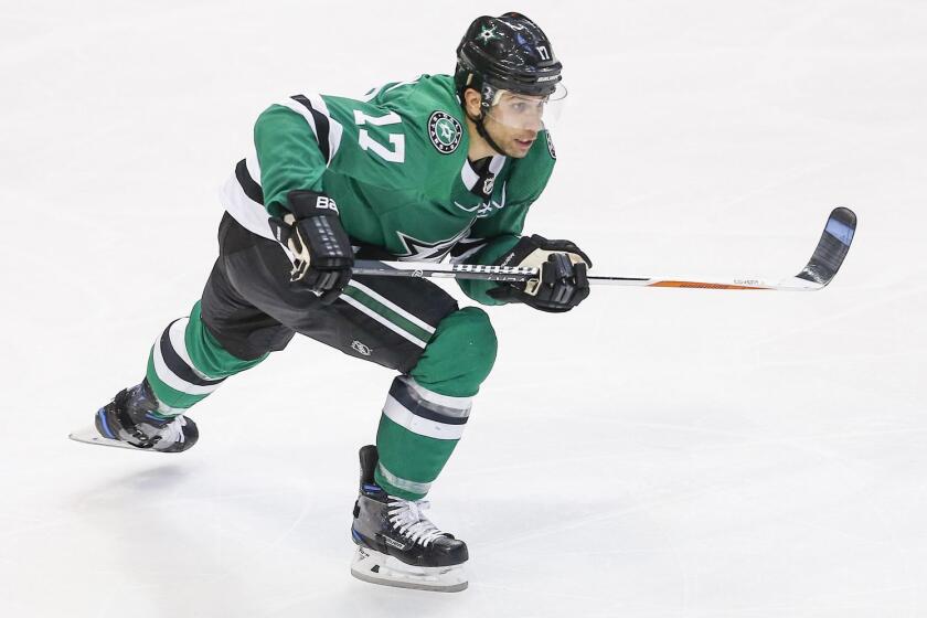 Dallas Stars forward Andrew Cogliano (17) during the second period of an NHL hockey game against the Tampa Bay Lightning, Tuesday, Jan. 15, 2019, in Dallas. Tampa Bay won 2-0. (AP Photo/Brandon Wade)