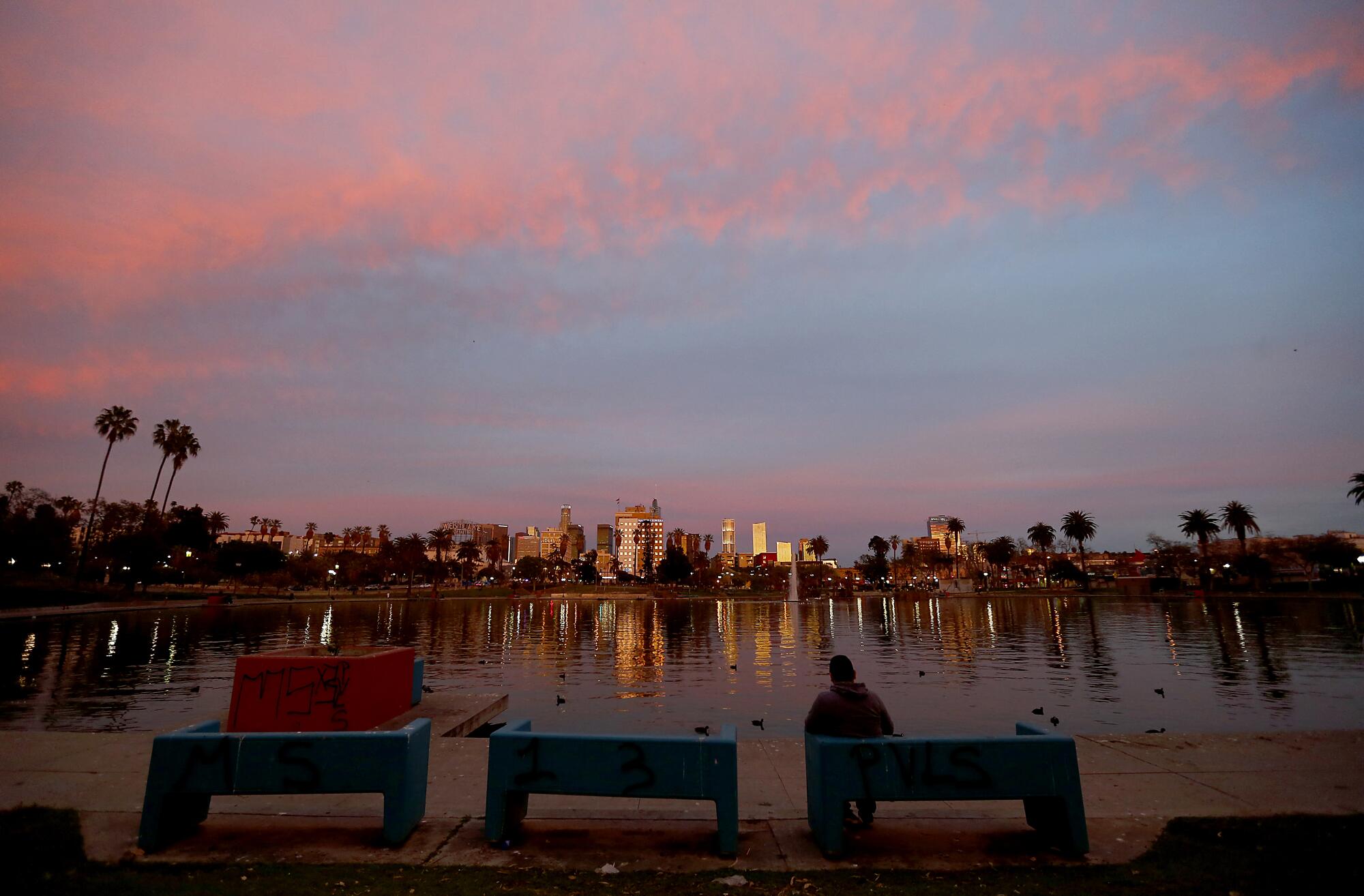A man sits alone in MacArthur Park in the Westlake District of L.A.