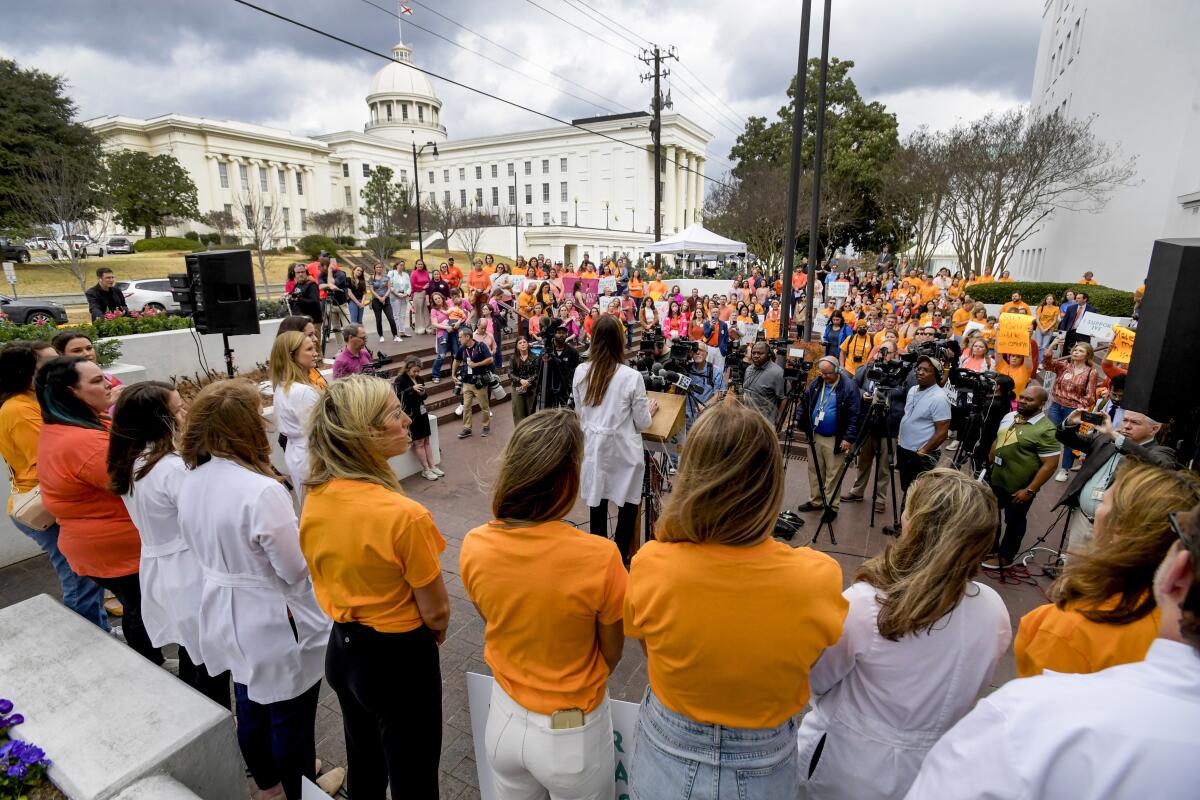 Hundreds gather to protest in vitro fertilization legislation in Montgomery, Ala., on Feb. 28.