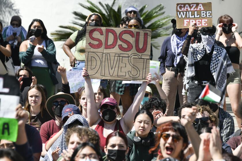 Pro-palestinian protesters rally in front Hepner Hall at San Diego State University April, 30, 2024 in San Diego. (Photo by Denis Poroy)