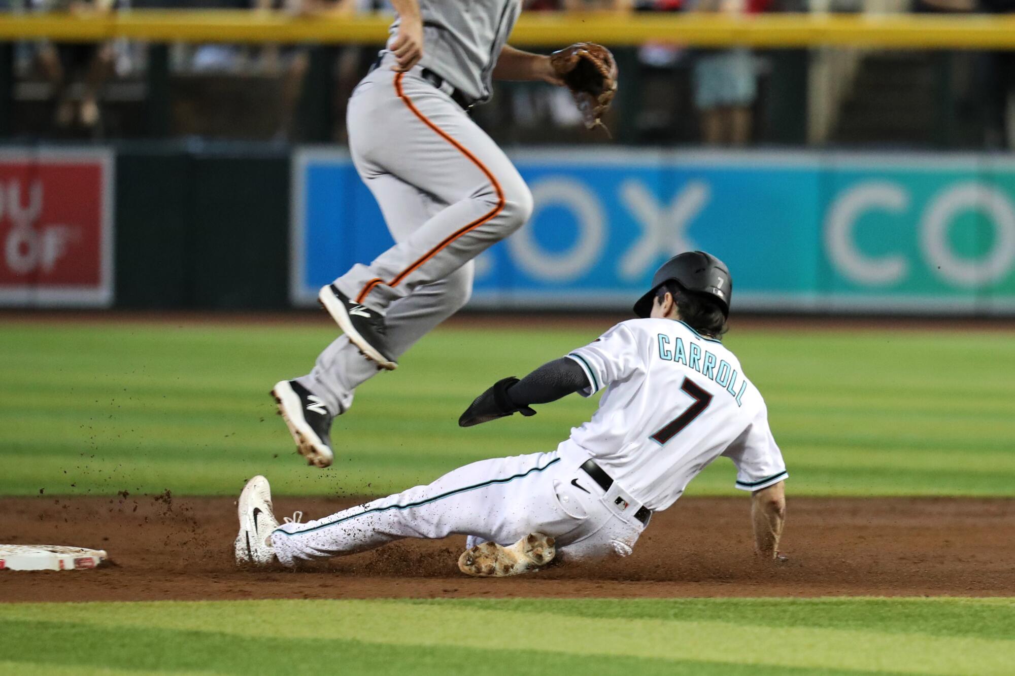 Arizona Diamondbacks' Corbin Carroll steals against the San Francisco Giants on September 20th, 2023.