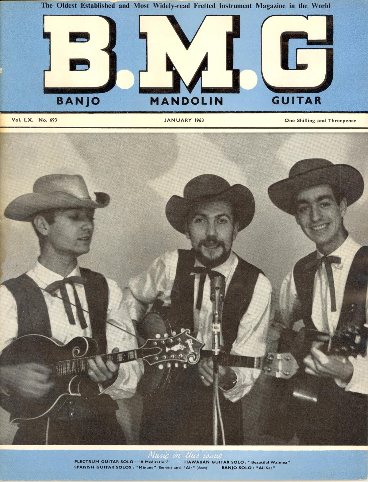 An old magazine cover shows three men in vests, Southern bow ties and cowboy hats holding various  instruments