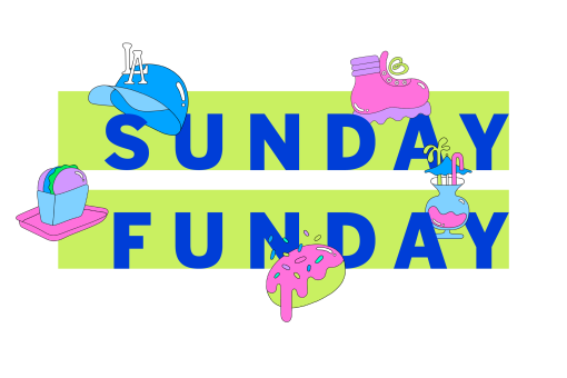 Teks Sunday Funday dengan ilustrasi warna-warni topi LA Dodgers, sepatu hiking, minuman campuran, donat, dan burger.
