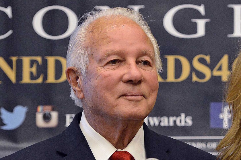 FILE - In this Nov. 4, 2014, file photo, former Louisiana Gov. Edwin Edwards addresses the crowd during an election watch party in Baton Rouge, La. Edwards has placed himself in hospice care at his home near Baton Rouge. Edwards, who turns 94 next month, said Tuesday, July 6, 2021, that he made the decision after being taken to a hospital Sunday with pain in his right lung. (AP Photo/Bill Feig, File)
