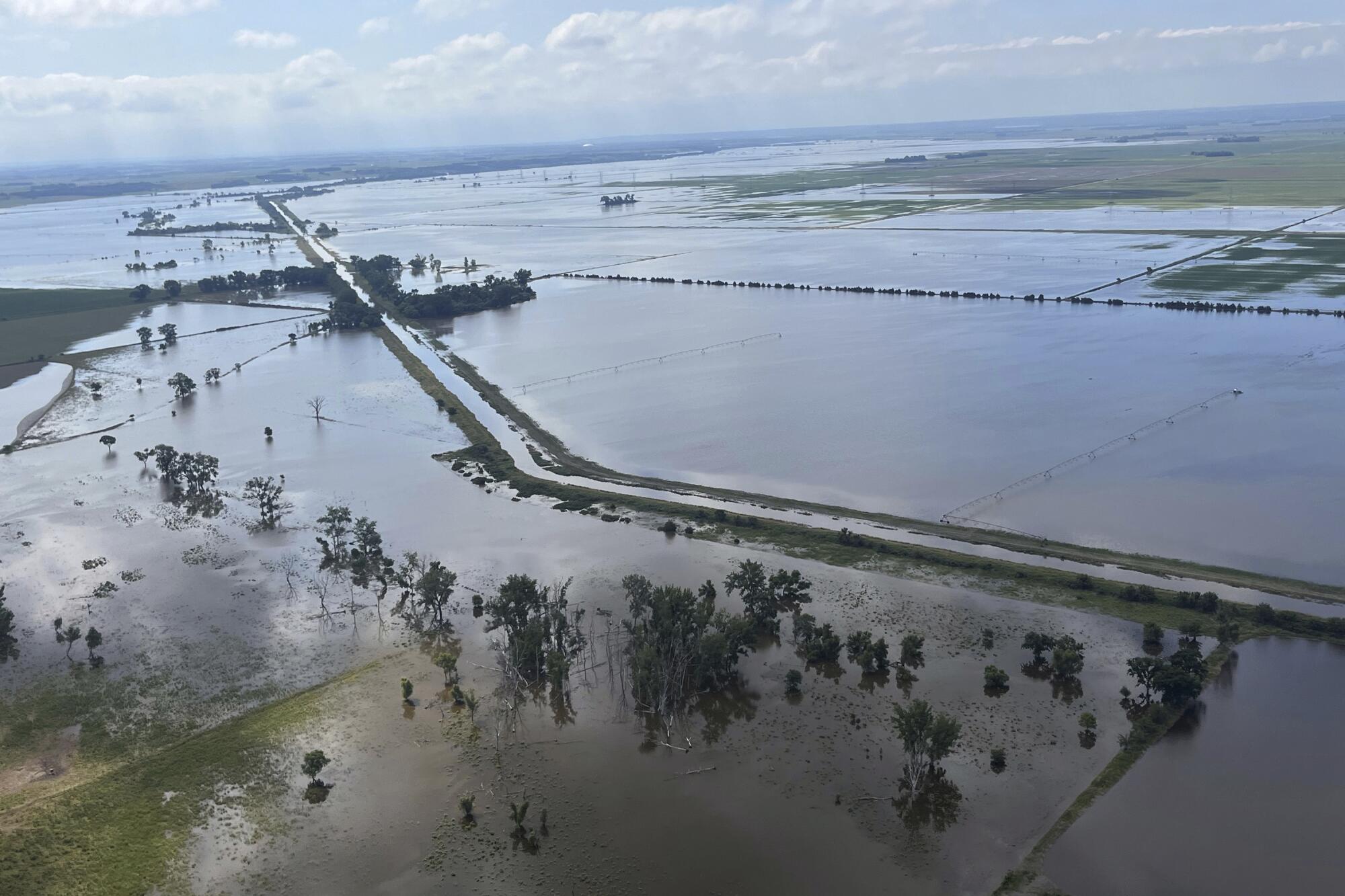 A bird's-eye view of submerged farmland 