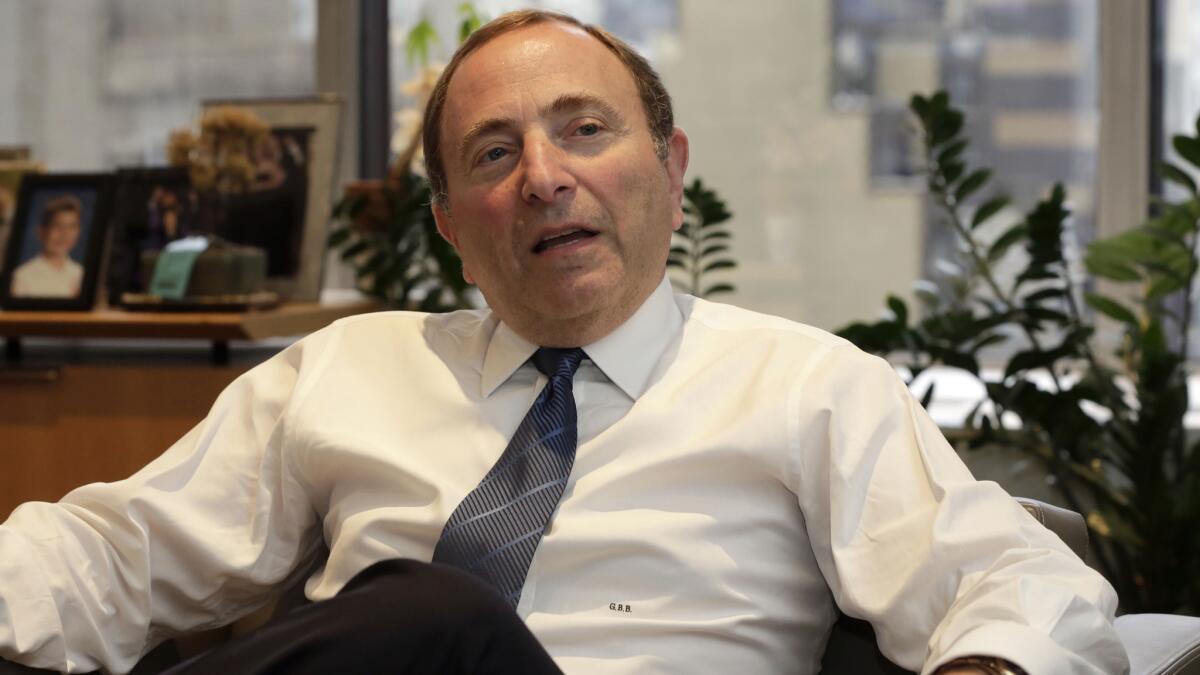 NHL Commissioner Gary Bettman speaks during an interview in his New York office Tuesday. Bettman attended the Kings' season opener against the San Jose Sharks on Wednesday.