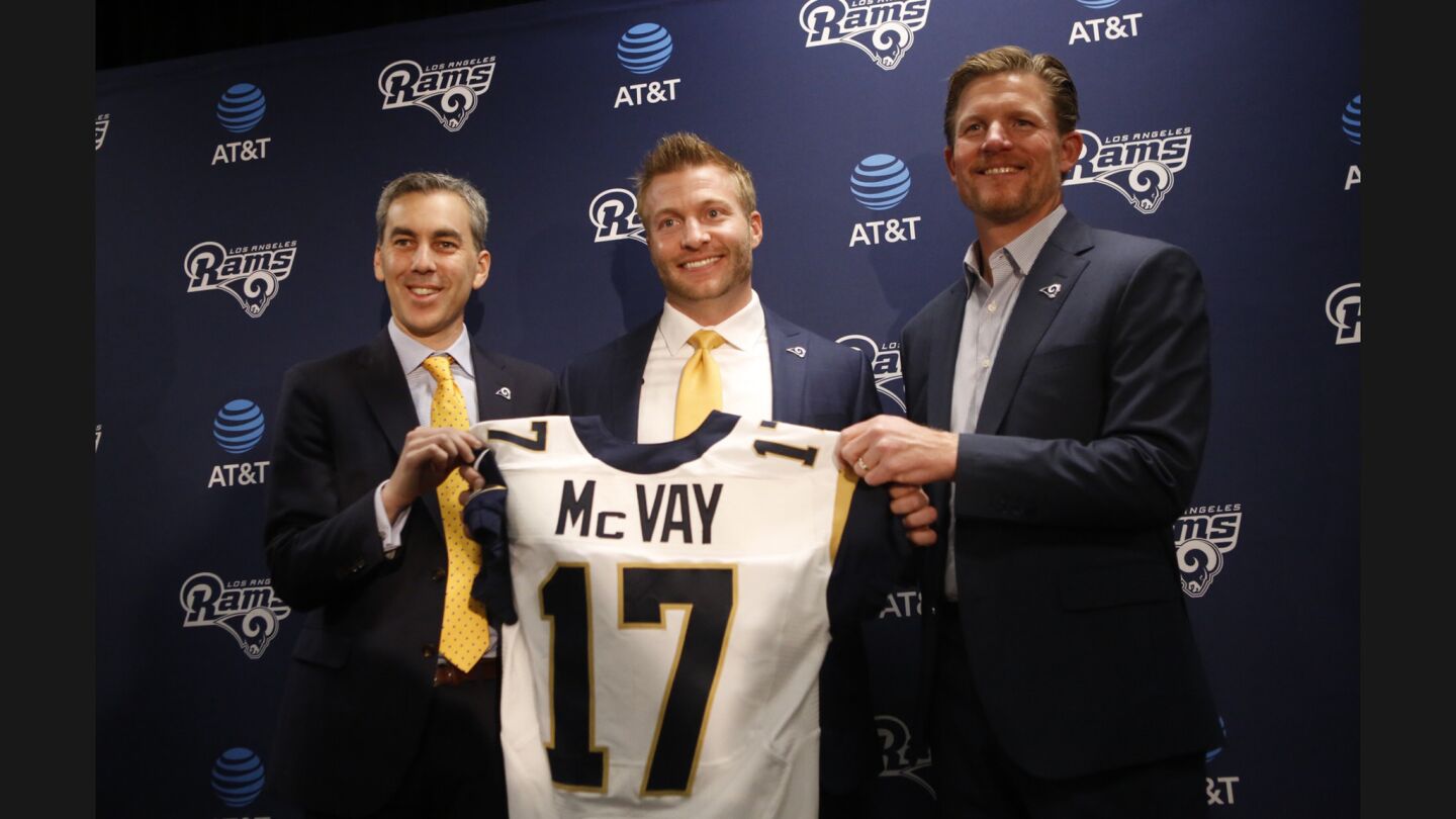 New Rams Coach Sean McVay is flanked by chief executive Kevin Demoff, left, and General Manager Les Snead on Jan. 13, 2017.