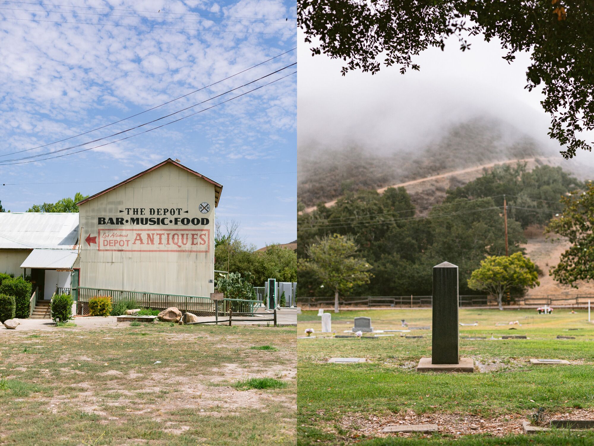 Two photos side by side of a large building labeled "The Depot", left, and a headstone in a quiet cemetery, right.