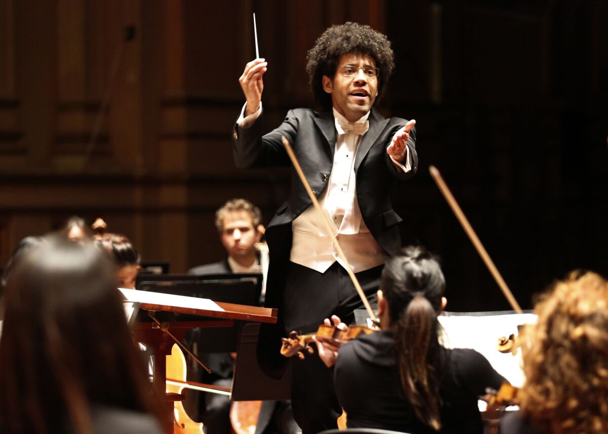 The San Diego Symphony, led by Rafael Payare (above), has canceled or postponed all of its concerts through May 2. "I know that music continues to bring us together virtually and will inspire us to get through this time," he said in a Thursday statement.