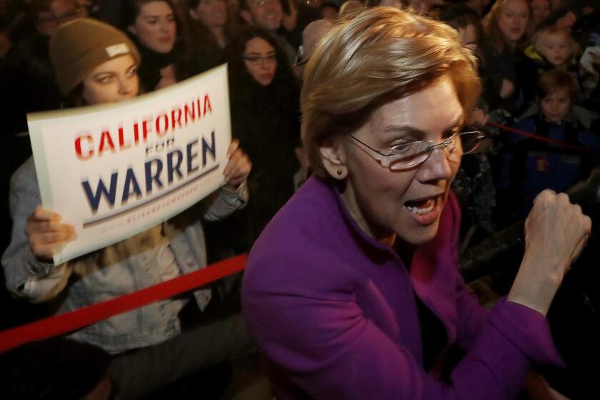GLENDALLE, CALIF. - FEB. 18, 2019. Presidential candidate Elizabeth Warren greets an overflow crowd before speaking to more than 3,000 supporters during a camapign stop at the Alex Theater in Glendale on Monday, Feb. 18, 2019. (Luis Sinco/Los Angeles Times)