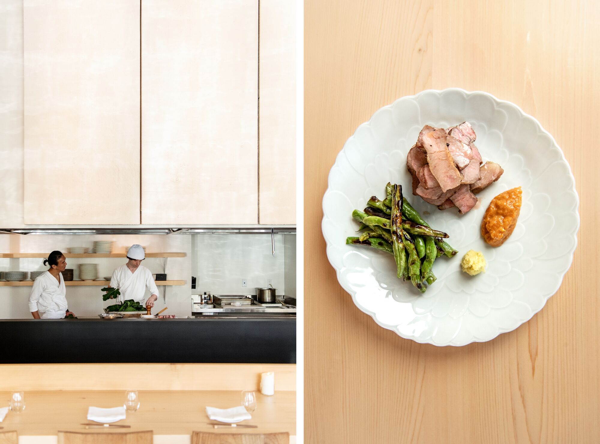 Chefs prepare for service, left, and grilled pork steak with apricot miso, right, at Yess Aquatic restaurant.
