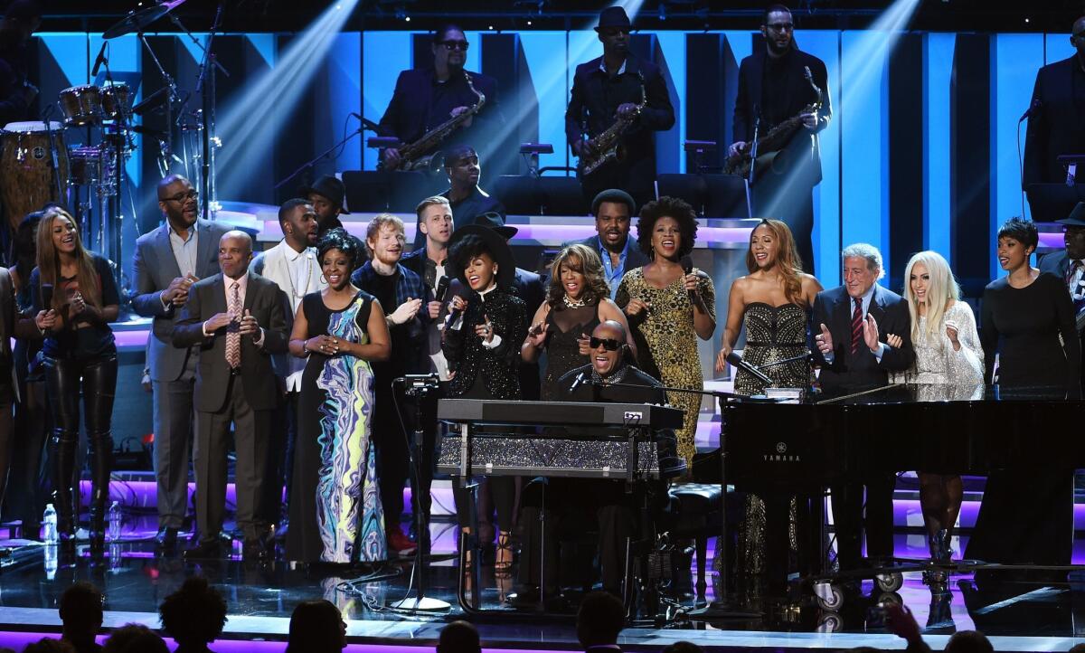 Stevie Wonder is joined by guest performers including Jennifer Hudson, Lady Gaga and Tony Bennett during the finale of "Stevie Wonder: Songs in the Key of Life -- An All-Star Grammy Salute," at the Nokia Theatre on Feb. 10