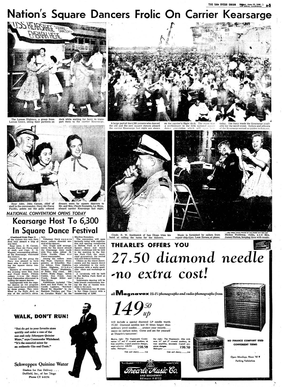 June 22, 1956 page from The San Diego Union features photos of square dancers on the carrier Kearsarge.